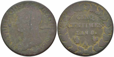 ФРАНЦИЯ 5 САНТИМОВ 1799 А, КОНСУЛАТ (1799-1803) LAN 8 KM 640.1 (C 135.1), LE FRANC 115.40 бронза 38-912