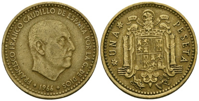 Испания 1 песета 1966 (69) Франсиско Франко (1939-1975) KM 796 алюминиевая бронза 4138-1026