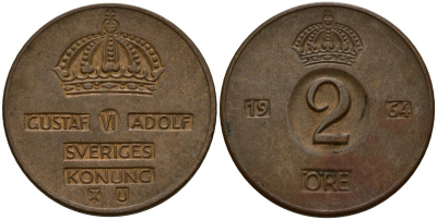 Швеция 2 эре 1964 Густав VI Адольф (1950-1973) KM 821 бронза 4154-739