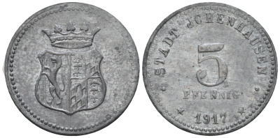 Германия, Ихенхаузен (Ichenhausen) 5 пфеннигов 1917  Menzel 12104.1, Funck 224. 1 B цинк  aUNC  4147-214