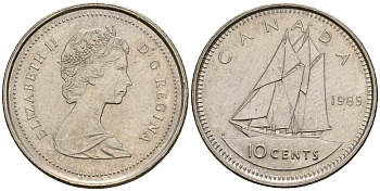 Канада 10 центов 1985 Елизавета II (1953-), парусник KM 77 никель 4189-921