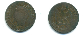 ФРАНЦИЯ 5 САНТИМОВ 1854 W, НАПОЛЕОН III (1852-1870) KM 777.7, LE FRANC 116.15 бронза 84-534