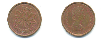 КАНАДА 1 ЦЕНТ 1984 ЕЛИЗАВЕТА II, КЛЕНОВЫЙ ЛИСТ KM 132 бронза 177-1412