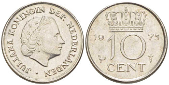 НИДЕРЛАНДЫ 10 ЦЕНТОВ 1975 ЮЛИАНА (1948-1980) KM 182 никель 211-826