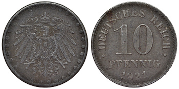 Германия 10 пфеннигов 1921 A KM 20, J. 298 железо 4119-156