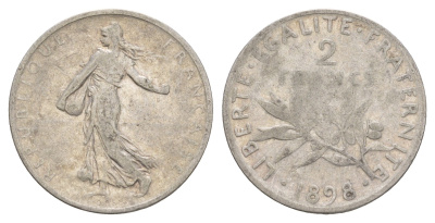 Франция 2 франка 1898 KM 845 серебро 4656-217