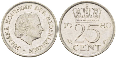 НИДЕРЛАНДЫ 25 ЦЕНТОВ 1980 ЮЛИАНА (1948-1980) KM 183 никель 214-1124