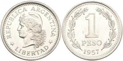 Аргентина 1 песо 1957 голова свободы влево KM 57 сталь плакированная никелем UNC 68-556