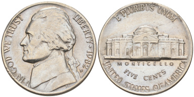 США 5 центов 1982 P, президент Джеферсон KM А192 медно-никель 190-135