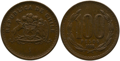 Чили 100 песо 1998 So KM 226.2, Schon 71 алюминиевая бронза 4388-153