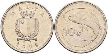 Мальта 10 центов 1998 золотая макрель KM 96 медно-никель 4588-256