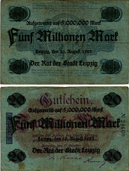 ГЕРМАНИЯ 5000000 МАРОК 1923 10 АВГУСТА 1923, ЛЕЙПЦИГ, НОТГЕЛЬД, НАДПЕЧАТКА НА 20 МАРКАХ 1918 ГОДА, ЛЕЙПЦИГ бумага 444-105-2