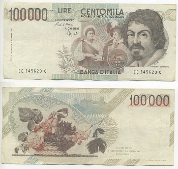 Италия 100000 лир 1983 Караваджо, фруктовый букет, подпись Speziali Pick 110b бумага 7220-20-1