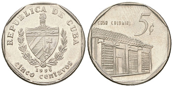Куба 5 сентаво 1996 Casa colonire KM 575.2 сталь плакированная никелем aUNC 4611-658