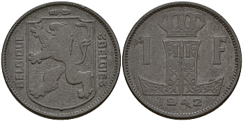 Бельгия 1 франк 1942 Belgique-Belgie KM 127 цинк    4161-1222