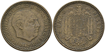 Испания 1 песета 1947 (49) Франсиско Франко (1939 - 1975) KM 775 алюминиевая бронза 4155-321