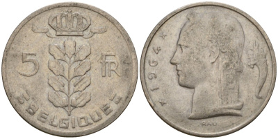 Бельгия 5 франков 1964 Belgique, Бодуэн I (1951-1993) KM 134 медно-никель 4397-121