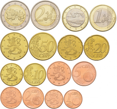 ФИНЛЯНДИЯ ЕВРОНАБОР ИЗ 8 МОНЕТ 2005 1, 2, 5, 10, 20, 50 ЕВРОЦЕНТОВ, 1 И 2 ЕВРО UNC 183-341