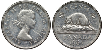 Канада 5 центов 1964 бобр, Елизавета II (1952-) KM 57 никель 4128-546