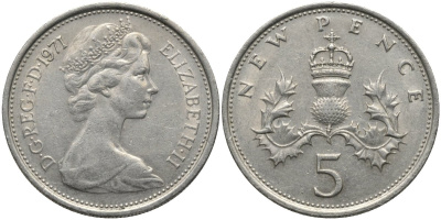 Великобритания 5 пенсов 1971 Елизавета II (1952-2022) KM 911, Spink 4233 (D1) медно-никель 4171-554