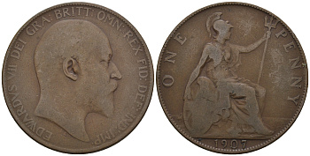 Великобритания 1 пенни 1907 Эдуард VII (1901-1910) KM 794.2, Spink 3990 бронза 4607-1144