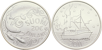 Финляндия 20 евро 2011 защита Балтийского моря, нерпа, сертификат KM 169 a серебро UNC 1066-10-35