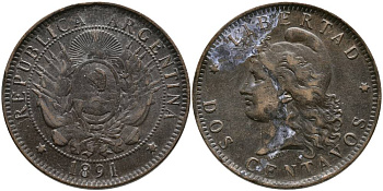 Аргентина 2 сентаво 1891 голова свободы влево KM 8 бронза 4531-1013