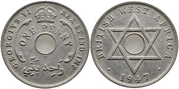 Британская Западная Африка 1 пенни 1947 Георг VI (1937-1952) KM 19 медно-никель 1523-513