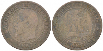 ФРАНЦИЯ 2 САНТИМА 1855 В, НАПОЛЕОН III (1852-1870) KM 776.2 бронза 3955-258