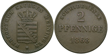 Саксен-Мейнинген 2 пфеннига 1868 Георг II (1866-1914) KM 174 медь 99-656