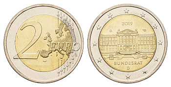 Германия 2 евро 2019 D, 70 лет Бундесрату KM 377 биметалл UNC 72-1732
