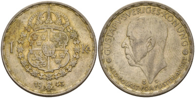 Швеция 1 крона 1943 G, Густав V (1907-1950) KM 814 серебро 4148-956