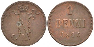 РОССИЯ ДЛЯ ФИНЛЯНДИИ 1 ПЕННИ 1916 НИКОЛАЙ II (1895-1917) KM 13, Биткин 476 медь 211-1047