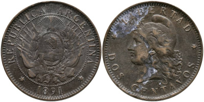 Аргентина 2 сентаво 1891 голова свободы влево KM 8 бронза 4531-1013