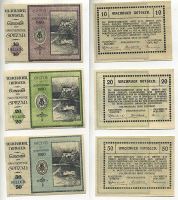 АВСТРИЯ, ВАЧАУ НАБОР ИЗ 3 БАНКНОТ 1920 30 СЕНТЯБРЯ 1920, НОТГЕЛЬД, 10, 20, 50 ГЕЛЛЕРОВ, GILTIG, ПЕРВЫЙ ВЫПУСК бумага aUNC 70-19-1