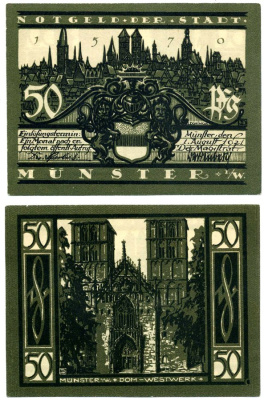 Германия, Мюнстер 50 пфеннигов 1921 1 августа 1921, нотгельд (номер 3, DOM-WESTWERK), земля Северный Рейн-вестфалия Grabowski 916.1 бумага 2195-44-1-2