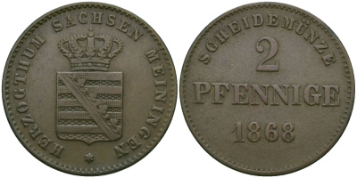 Саксен-Мейнинген 2 пфеннига 1868 Георг II (1866-1914) KM 174 медь 99-656