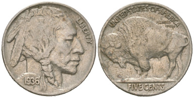 США 5 центов 1936 индеец, бизон KM 134 медно-никель 4614-1241