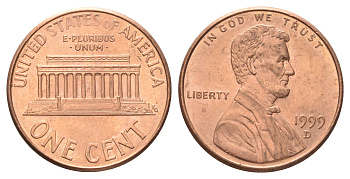 США 1 цент 1999 D, Авраам Линкольн KM 201b цинк плакированный медью UNC 4668-943