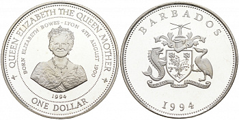 Барбадос 1 доллар 1995 95 лет со дня рождения Королевы матери KM 65 серебро PROOF 1066-1-32