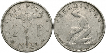 Бельгия 1 франк 1923 Belgique, Альберт I (1909-1934) KM 89 никель 51-1937