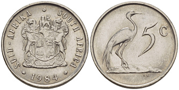 ЮАР 5 центов 1984 герб, райский журавль KM 84 никель UNC 66-336