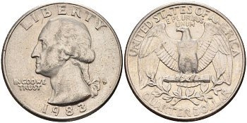 США 25 центов = квотер 1983 D, Вашингтон KM A164a медь плакированная медно-никелем 4584-1155