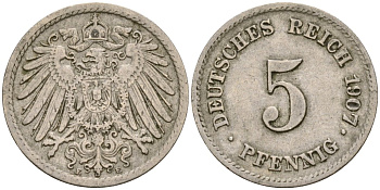 Германия 5 пфеннигов 1907 E KM 11 медно-никель 4588-1226
