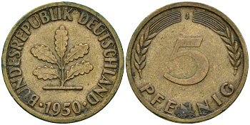 ФРГ 5 пфеннигов 1950 J KM 107, J.382 сталь плакированная латунью 4364-1613