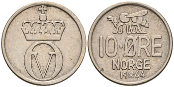 Норвегия 10 эре 1964 пчела, Улаф V (1958-1991) KM 411 медно-никель 4608-344