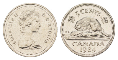 Канада 5 центов 1984 Елизавета II (1952-2022), бобр KM 60.2a медно-никель PROOF-LIKE (BU) 4630-958