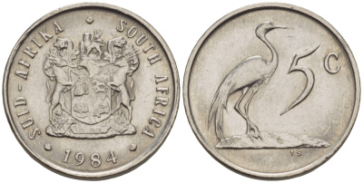 ЮАР 5 центов 1984 герб, райский журавль KM 84 никель UNC 66-336