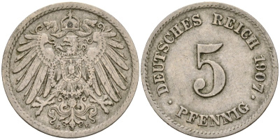 Германия 5 пфеннигов 1907 E KM 11 медно-никель 4588-1226