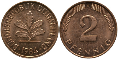 ФРГ 2 ПФЕННИГА 1984 F KM 106а, J.381а сталь плакированная сталь плакированная медьюю 33-244
